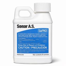 Front view of SePRO Sonar A.S. 8 oz aquatic herbicide bottle on a white background