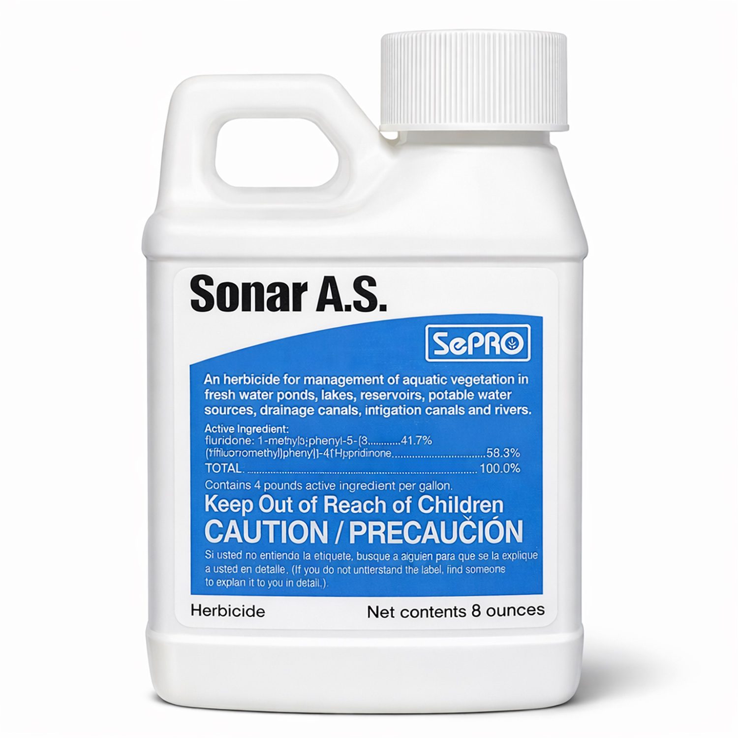 Front view of SePRO Sonar A.S. 8 oz aquatic herbicide bottle on a white background
