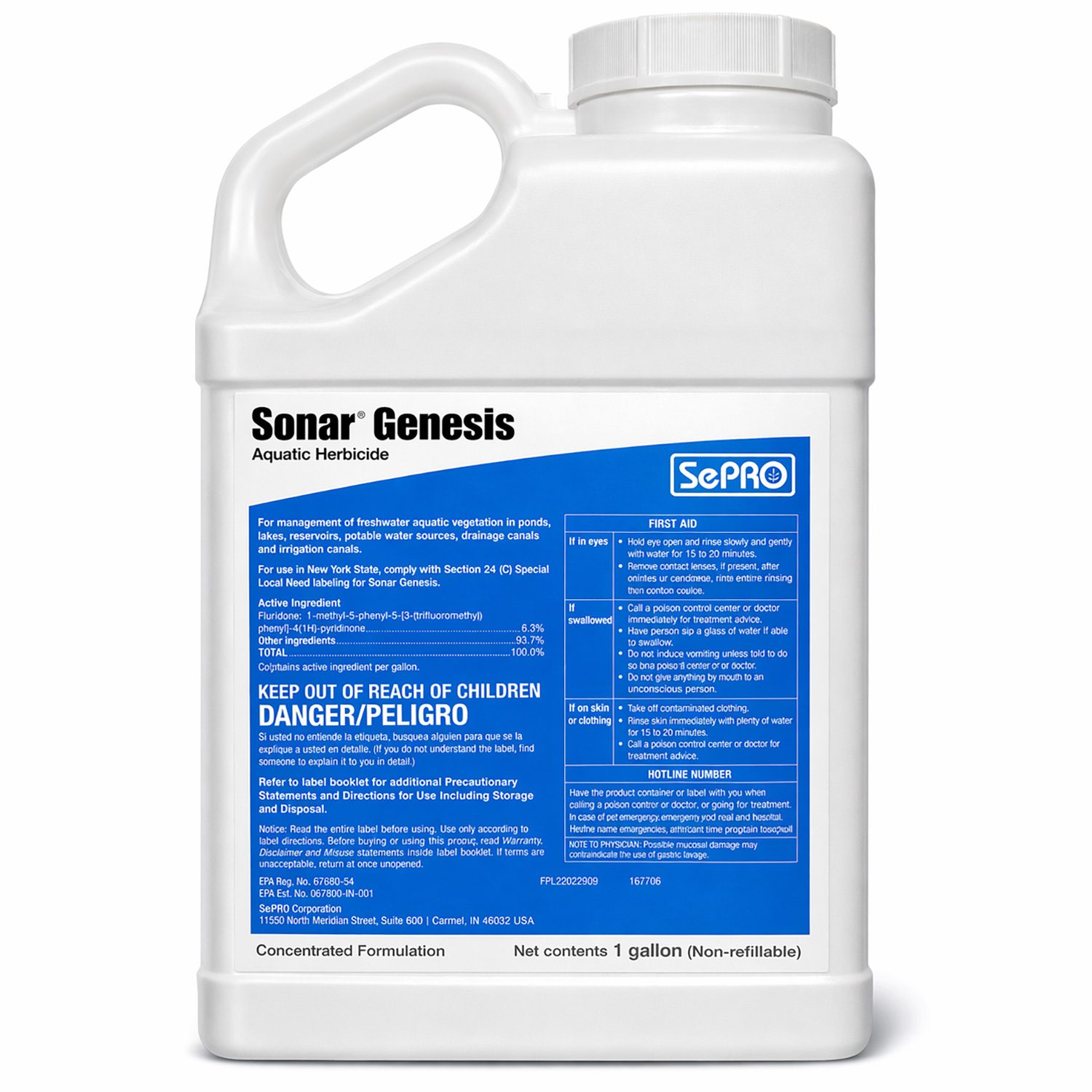 Front view of SePRO Sonar Genesis 1 gallon aquatic herbicide container on a white background