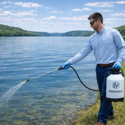 Professional technician wearing long sleeves and blue nitrile gloves spraying aquatic chemical into pond along shoreline with handheld pump sprayer