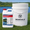 Weedtrine D 1 gallon bottle beside a 5-gallon bucket and graduated measuring cup for size reference