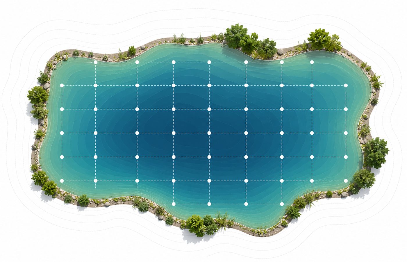 Pond depth measurement grid showing multiple readings across shallow and deep areas