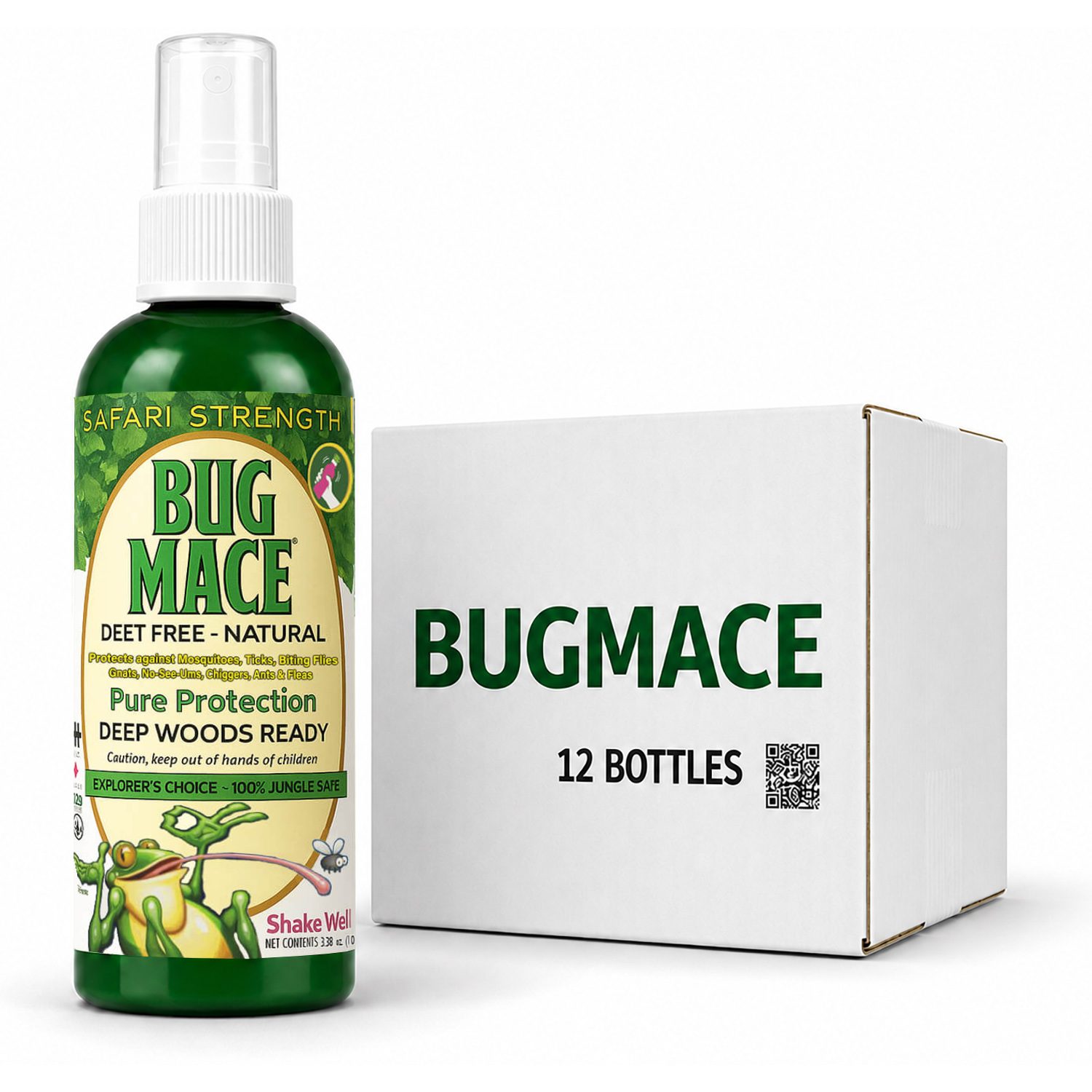 BugMace Safari Strength 100 mL DEET-free natural insect repellent spray with certified organic active ingredients beside a 12-bottle case.