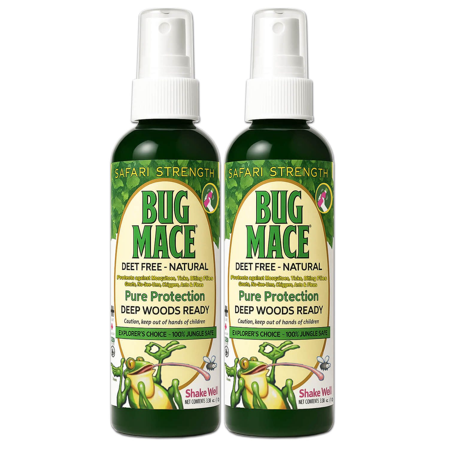 BugMace Safari Strength 100 mL DEET-free natural insect repellent spray with certified organic active ingredients beside a 2-pack Bugmace.