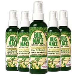 BugMace Safari Strength 100 mL DEET-free natural insect repellent spray with certified organic active ingredients beside a 6-pack case.
