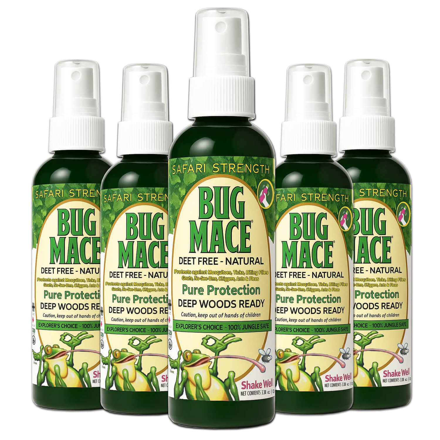BugMace Safari Strength 100 mL DEET-free natural insect repellent spray with certified organic active ingredients beside a 6-pack case.