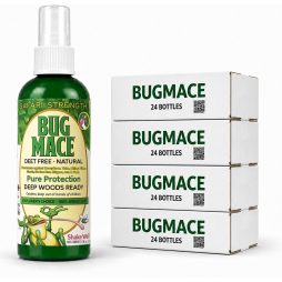 BugMace Safari Strength 100 mL DEET-free natural insect repellent spray with certified organic active ingredients beside a four 24-bottle cases.