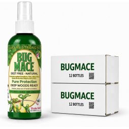 BugMace Safari Strength 100 mL DEET-free natural insect repellent spray with certified organic active ingredients beside a two 12-bottle cases.
