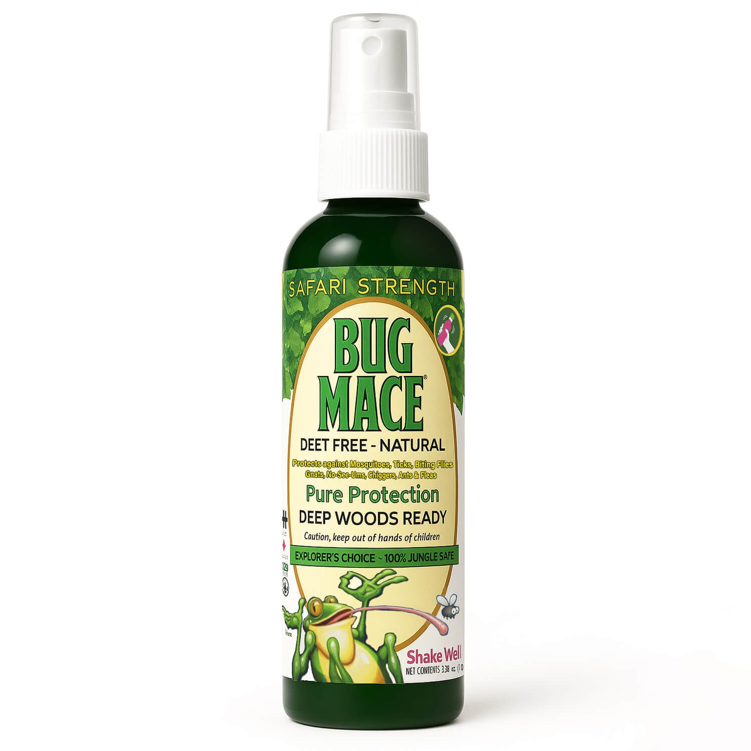 BugMace Safari Strength 100 mL DEET-free natural insect repellent spray with certified organic active ingredients.