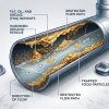 Cutaway drain line showing fats, oils, grease, food particles, and organic residue buildup.