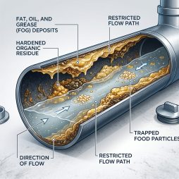 Cutaway drain line showing fats, oils, grease, food particles, and organic residue buildup.