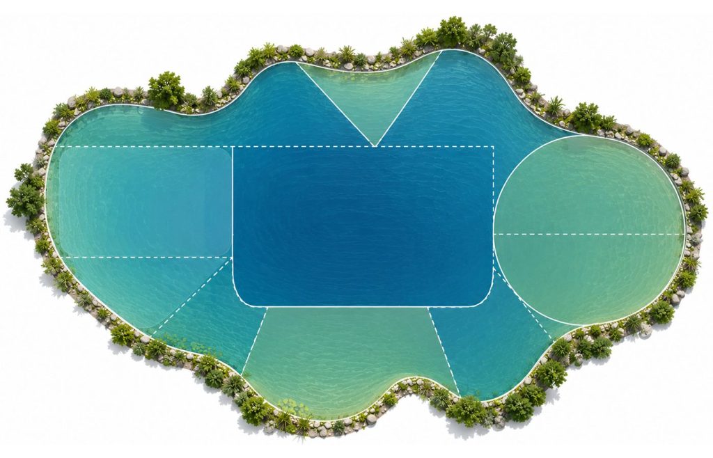 Irregular pond measured with map polygon and divided into smaller sections