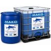 MAKO Professional Aquatic Dye 5X bulk lake and pond dye shown in a 55-gallon blue drum and 275-gallon IBC tote.