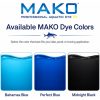 MAKO Professional Aquatic Dye 5X color guide showing Bahamas Blue, Perfect Blue, and Midnight Black dye options.
