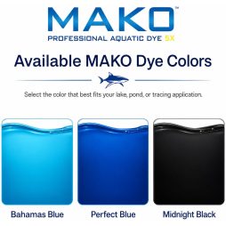 MAKO Professional Aquatic Dye 5X color guide showing Bahamas Blue, Perfect Blue, and Midnight Black dye options.