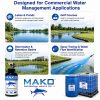 MAKO Professional Aquatic Dye 5X application guide showing lakes, golf courses, stormwater basins, and spray tracing.