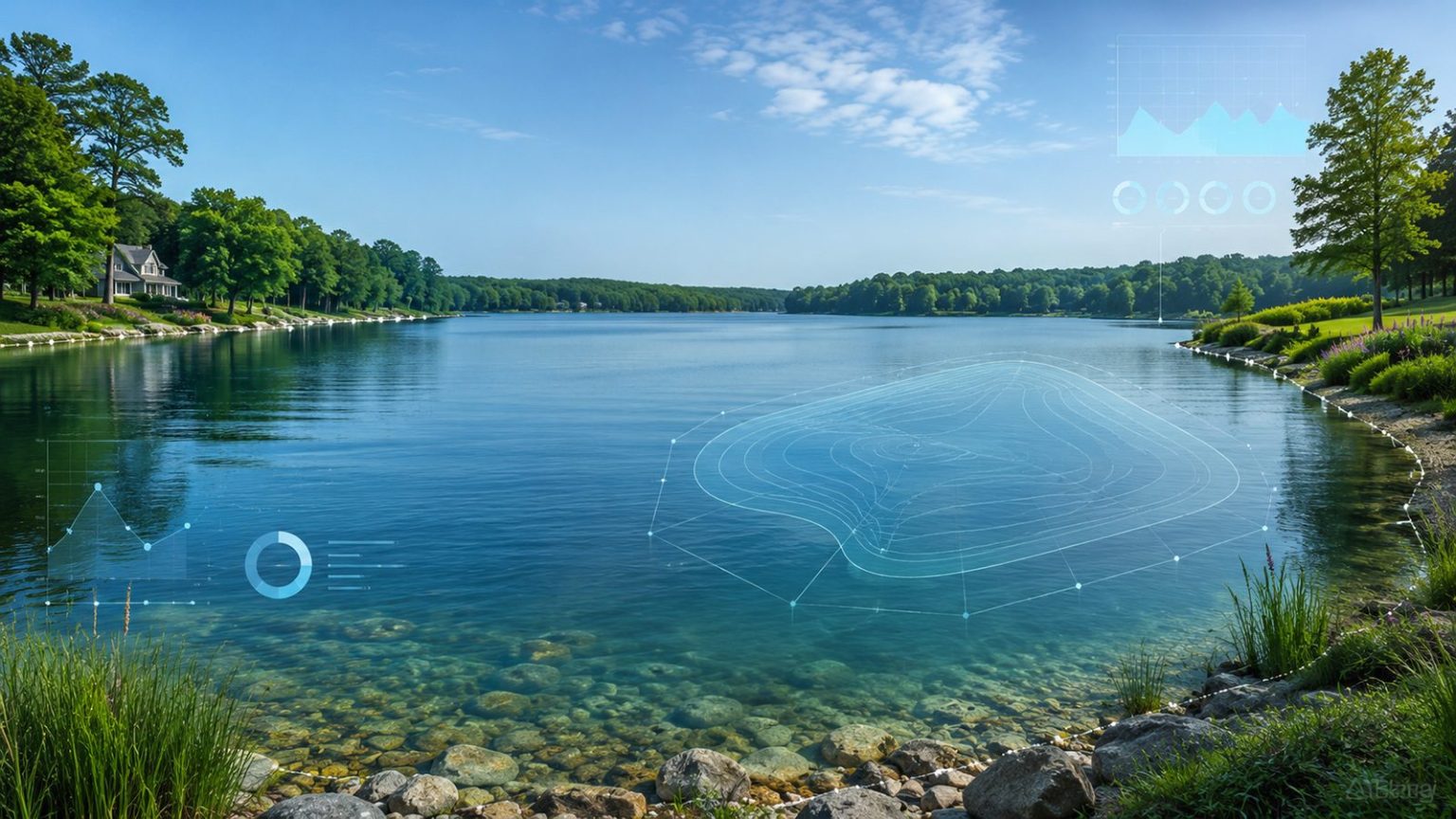 Managed lake with pond calculator planning overlay for acres, acre-feet, gallons and shoreline measurement