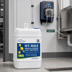 NewTechBio NT-MAX 5 gallon drain and grease trap treatment pail beside an automatic metering pump dosing point.