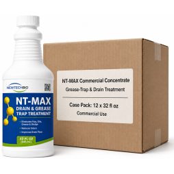 NewTechBio NT-MAX 32 fl oz drain and grease trap treatment bottle with 12 pack commercial case box.
