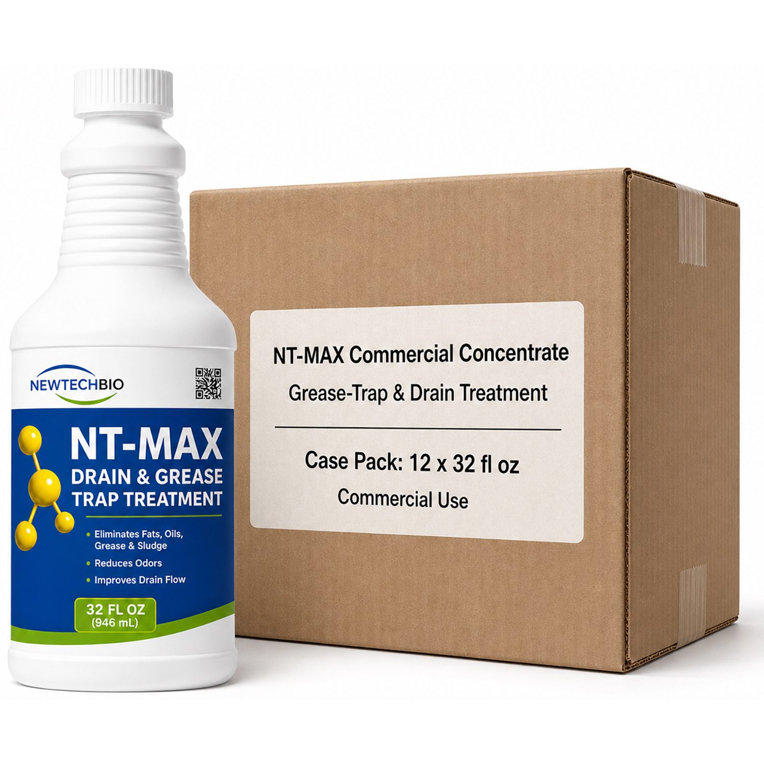 NewTechBio NT-MAX 32 fl oz drain and grease trap treatment bottle with 12 pack commercial case box.