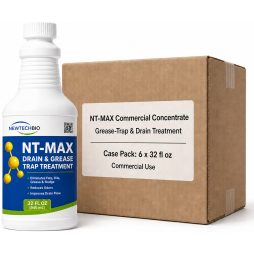 NewTechBio NT-MAX 32 fl oz drain and grease trap treatment bottle with 6 pack commercial case box.