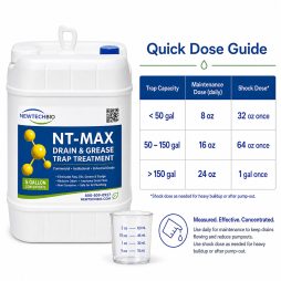 NT-MAX 5 gallon drain and grease treatment bottle with measuring cup for routine dosing.