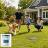 Happy family and dog in a dry green backyard with a septic access lid and NT-MAX Bio-Pack product inset.