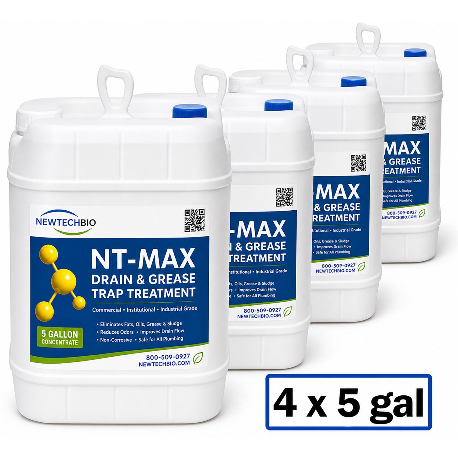 NewTechBio NT-MAX commercial grade drain and grease trap treatment shown as four 5 gallon concentrate pails totaling 20 gallons.
