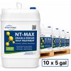 NewTechBio NT-MAX commercial grade drain and grease trap treatment shown as ten 5 gallon concentrate pails totaling 50 gallons.