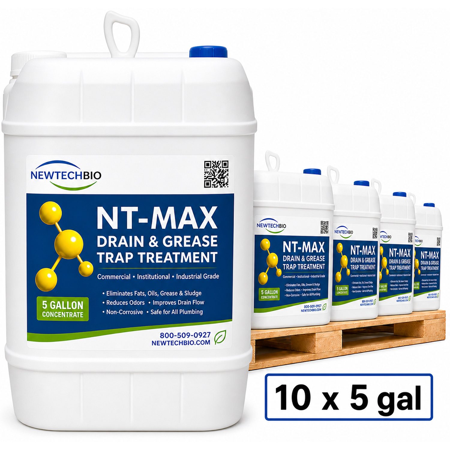 NewTechBio NT-MAX commercial grade drain and grease trap treatment shown as ten 5 gallon concentrate pails totaling 50 gallons.