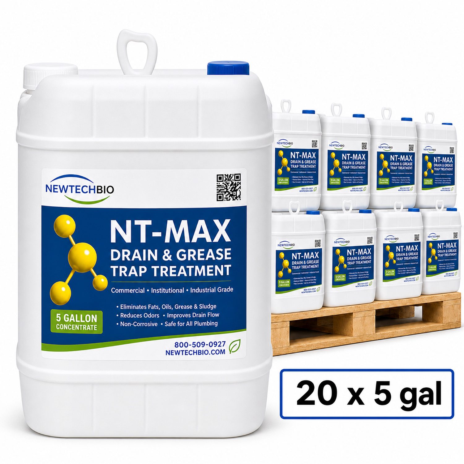 NewTechBio NT-MAX commercial grade drain and grease trap treatment shown as twenty 5 gallon concentrate pails totaling 100 gallons.