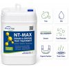 NT-MAX drain and grease treatment with icons for fats, oils, grease, food particles, and organic residue.
