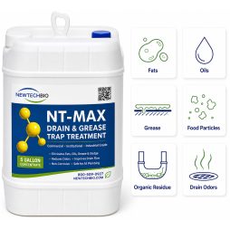 NT-MAX drain and grease treatment with icons for fats, oils, grease, food particles, and organic residue.