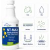NT-MAX drain and grease treatment with icons for fats, oils, grease, food particles, and organic residue.