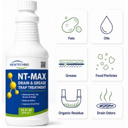 NT-MAX drain and grease treatment with icons for fats, oils, grease, food particles, and organic residue.