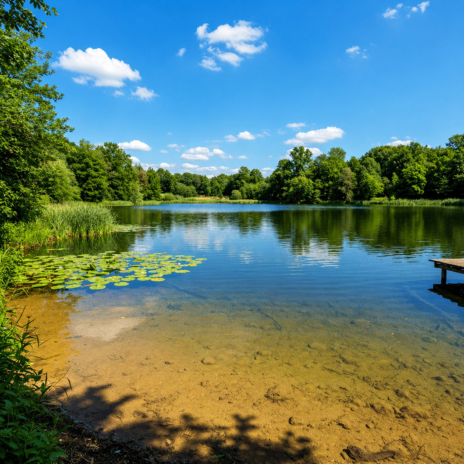 Clear blue lake shoreline with lily pads and wooded banks for NT-MAX lake clarifier sludge and muck digester treatment.