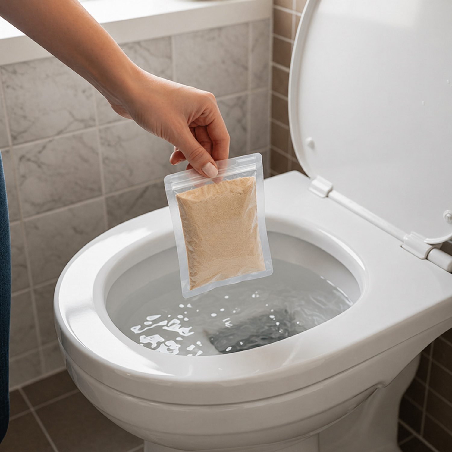 NT-MAX water-soluble septic Bio-Pack being added to a toilet.
