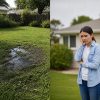Standing water near a septic drain field area with a concerned homeowner beside the house.
