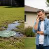 Standing water near a septic access cover with a concerned male homeowner beside the house.