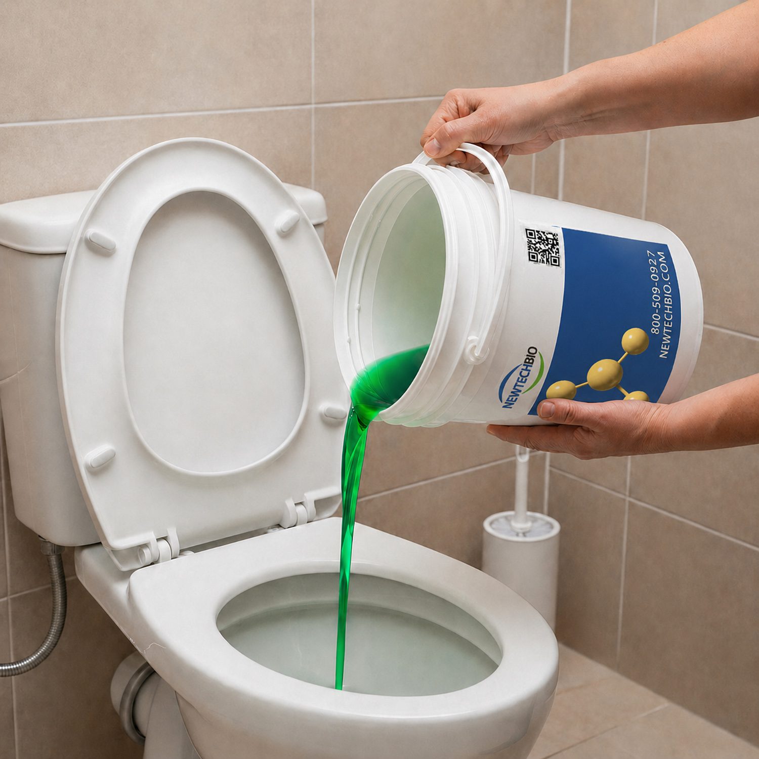 NT-MAX Liquid Super Shock being poured into a toilet for septic-system application.