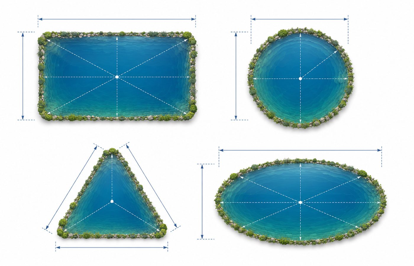 Diagrams of rectangle, circle, triangle and oval pond shapes used for surface area calculations
