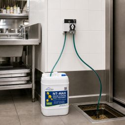 Pro Drain Chief Low Speed 110V wall-mounted near a closed liquid supply container with tubing routed to an injection point.