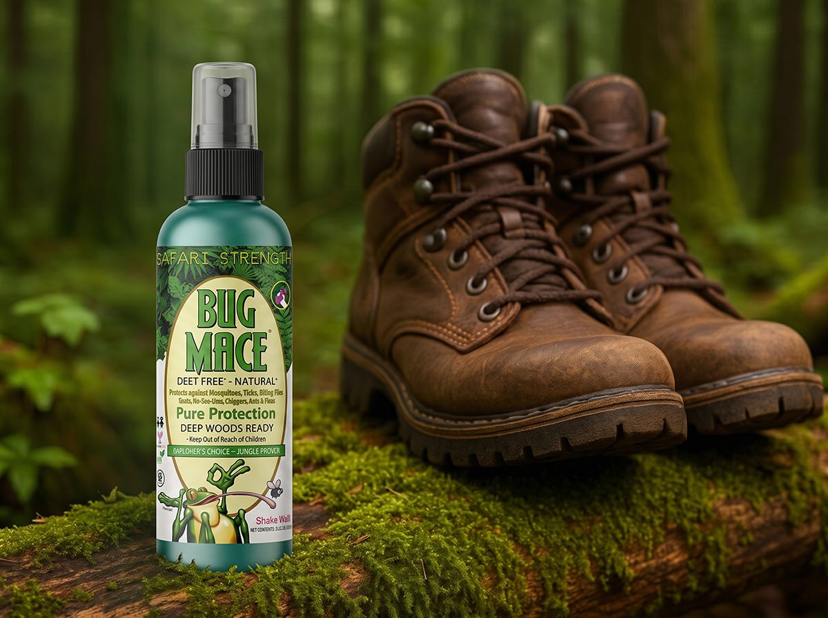 BugMace mosquito and insect repellent bottle on a moss-covered log beside hiking boots