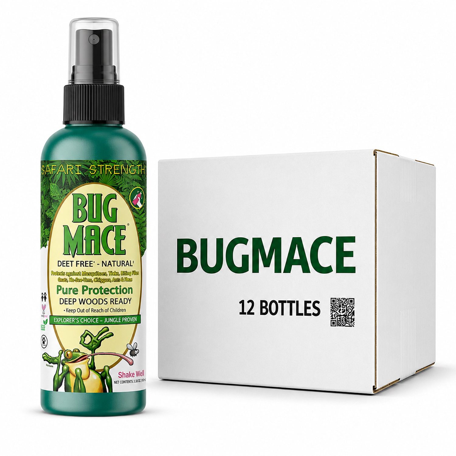 BugMace Safari Strength 100 mL DEET-free natural insect repellent spray with certified organic active ingredients beside a 12-bottle case.