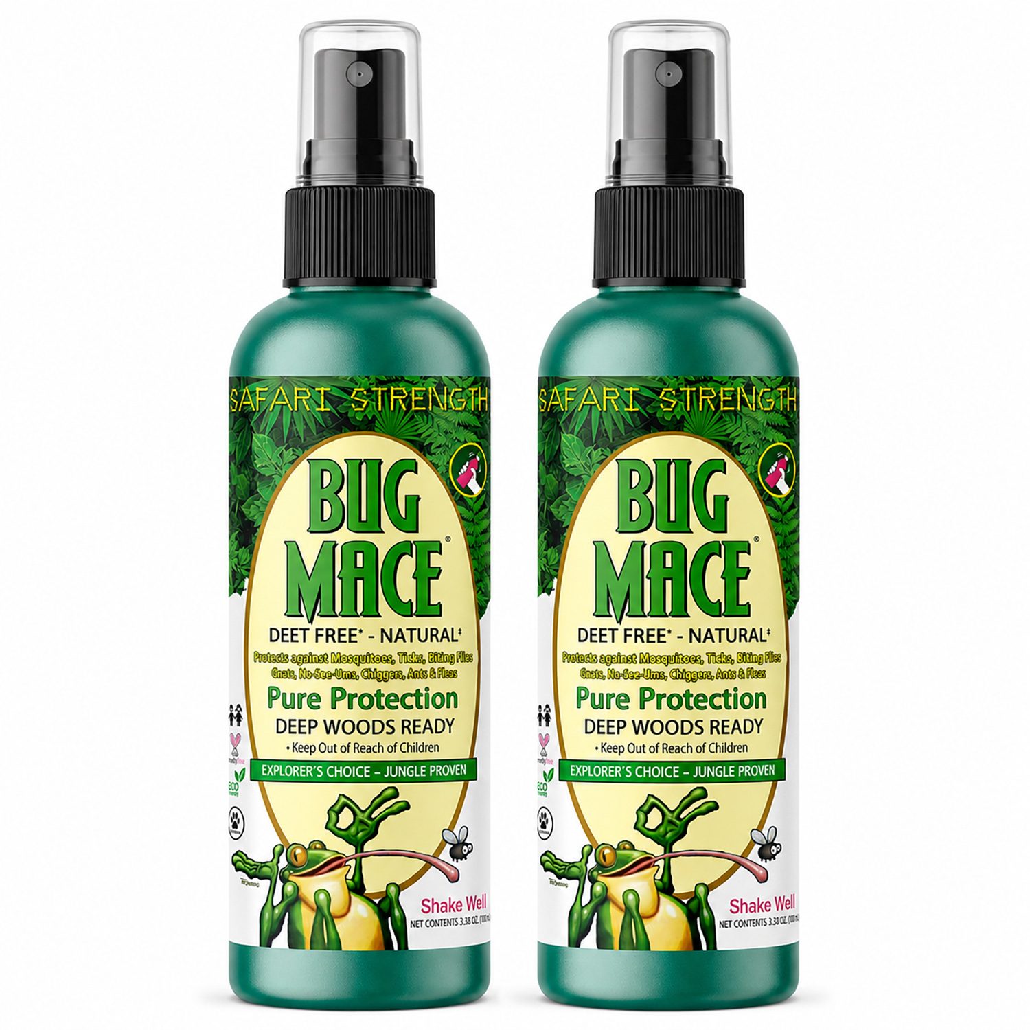 BugMace Safari Strength 100 mL DEET-free natural insect repellent spray with certified organic active ingredients beside a 2-pack Bugmace.
