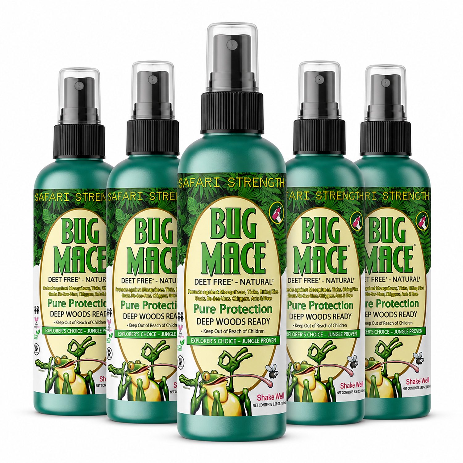 BugMace Safari Strength 100 mL DEET-free natural insect repellent spray with certified organic active ingredients beside a 6-pack case.