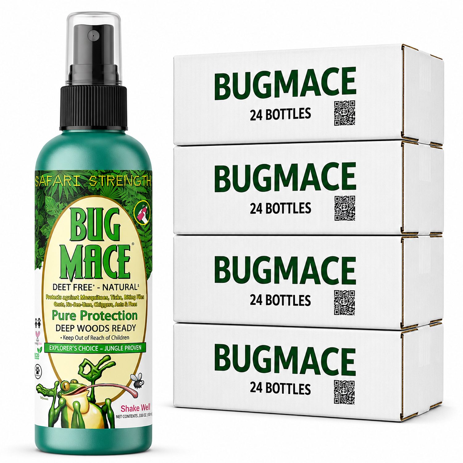 BugMace Safari Strength 100 mL DEET-free natural insect repellent spray with certified organic active ingredients beside a four 24-bottle cases.
