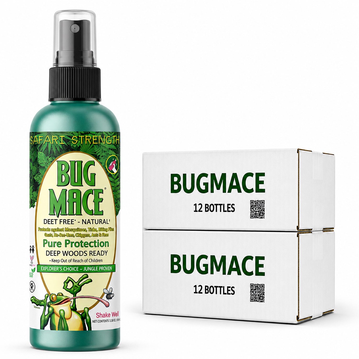 BugMace Safari Strength 100 mL DEET-free natural insect repellent spray with certified organic active ingredients beside a two 12-bottle cases.