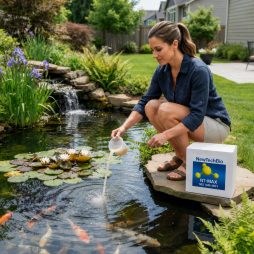 Homeowner applying NT-MAX koi and garden pond clarifier and sludge digester to a residential backyard pond