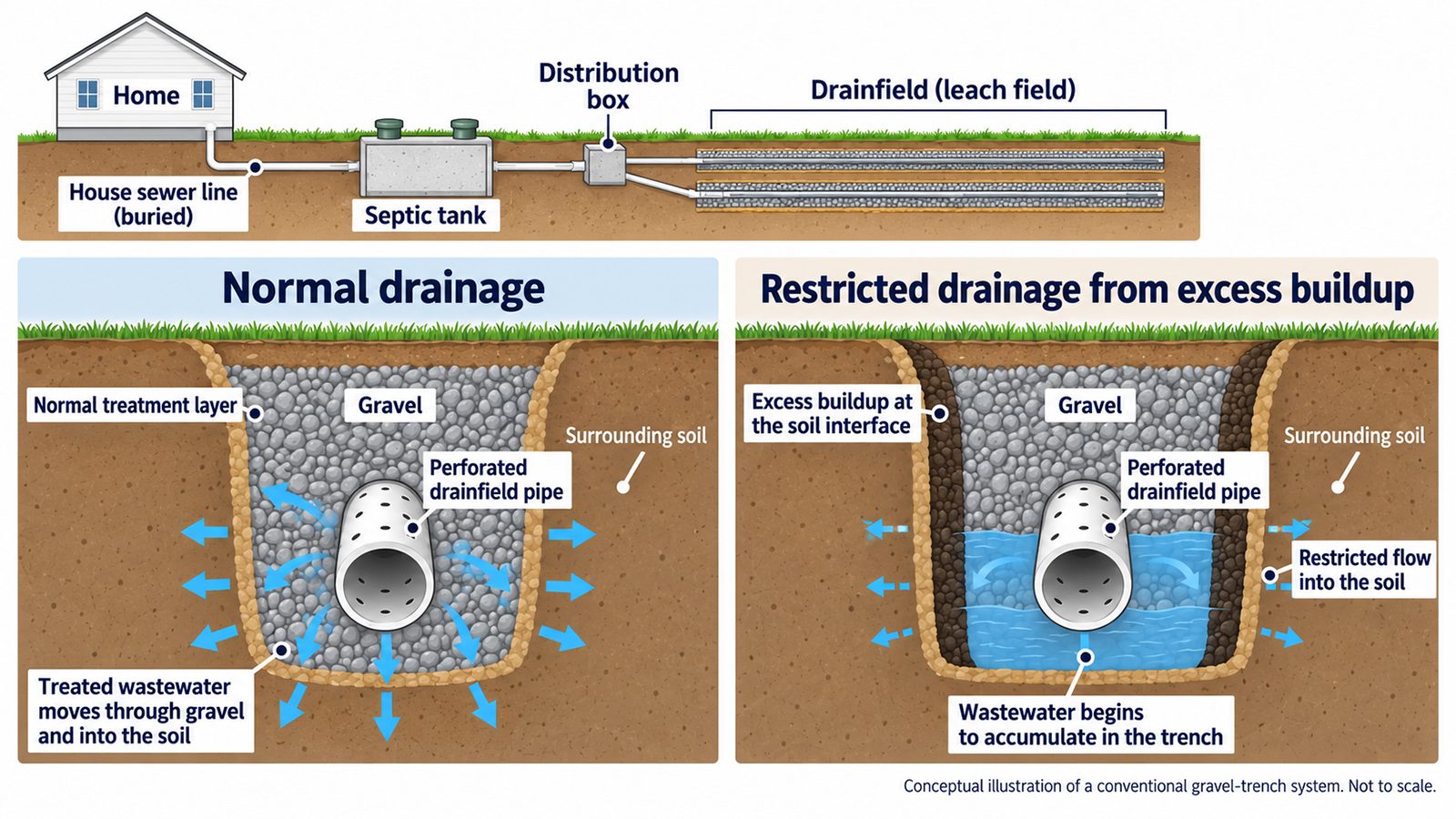 Cutaway illustration of a septic tank, distribution box and drain field pipes, with an arrow marking drain field clog zones.